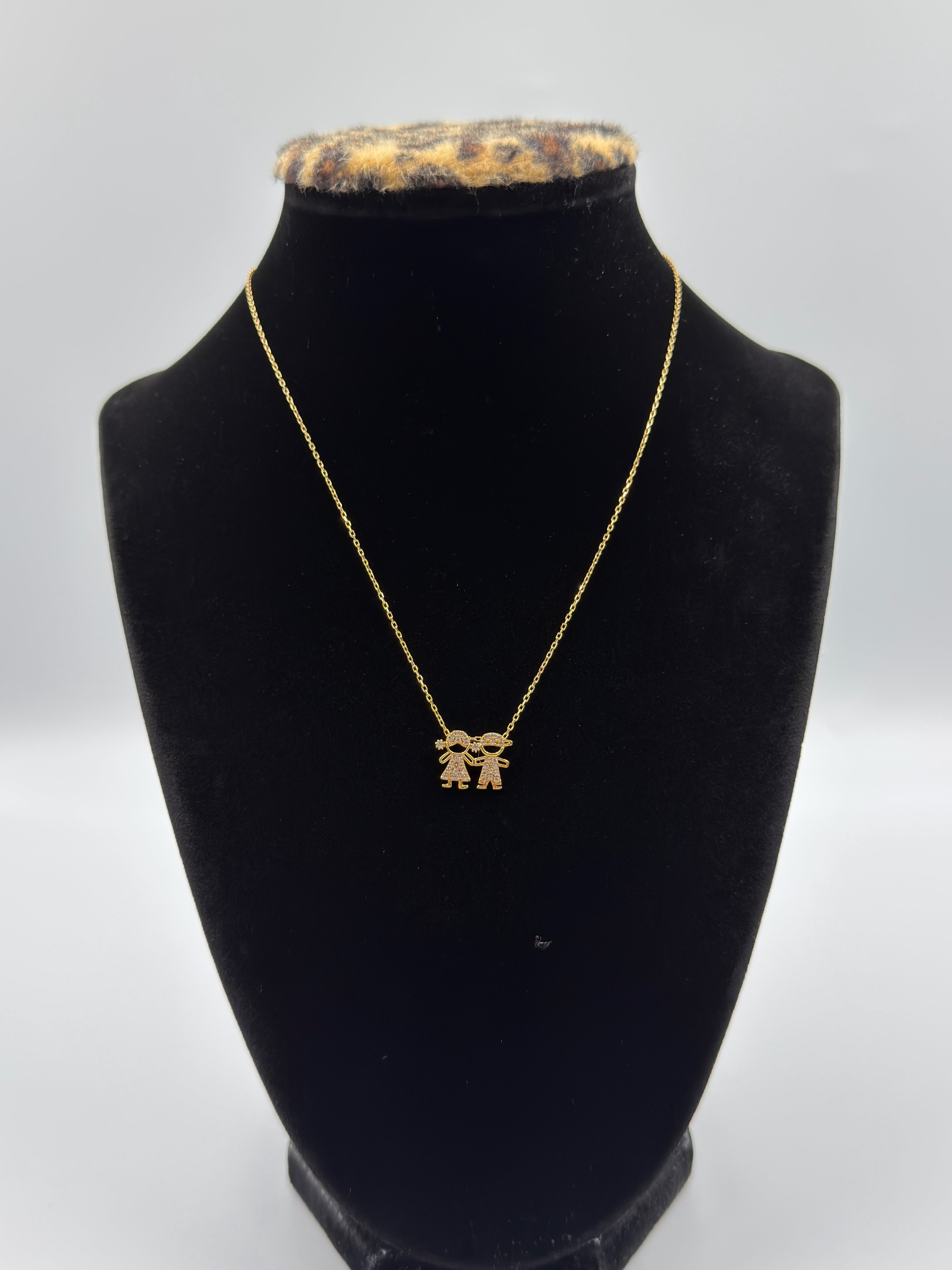 18K Gold Women’s Necklace with Sisters White Zirconia Pendant – 2.85 g