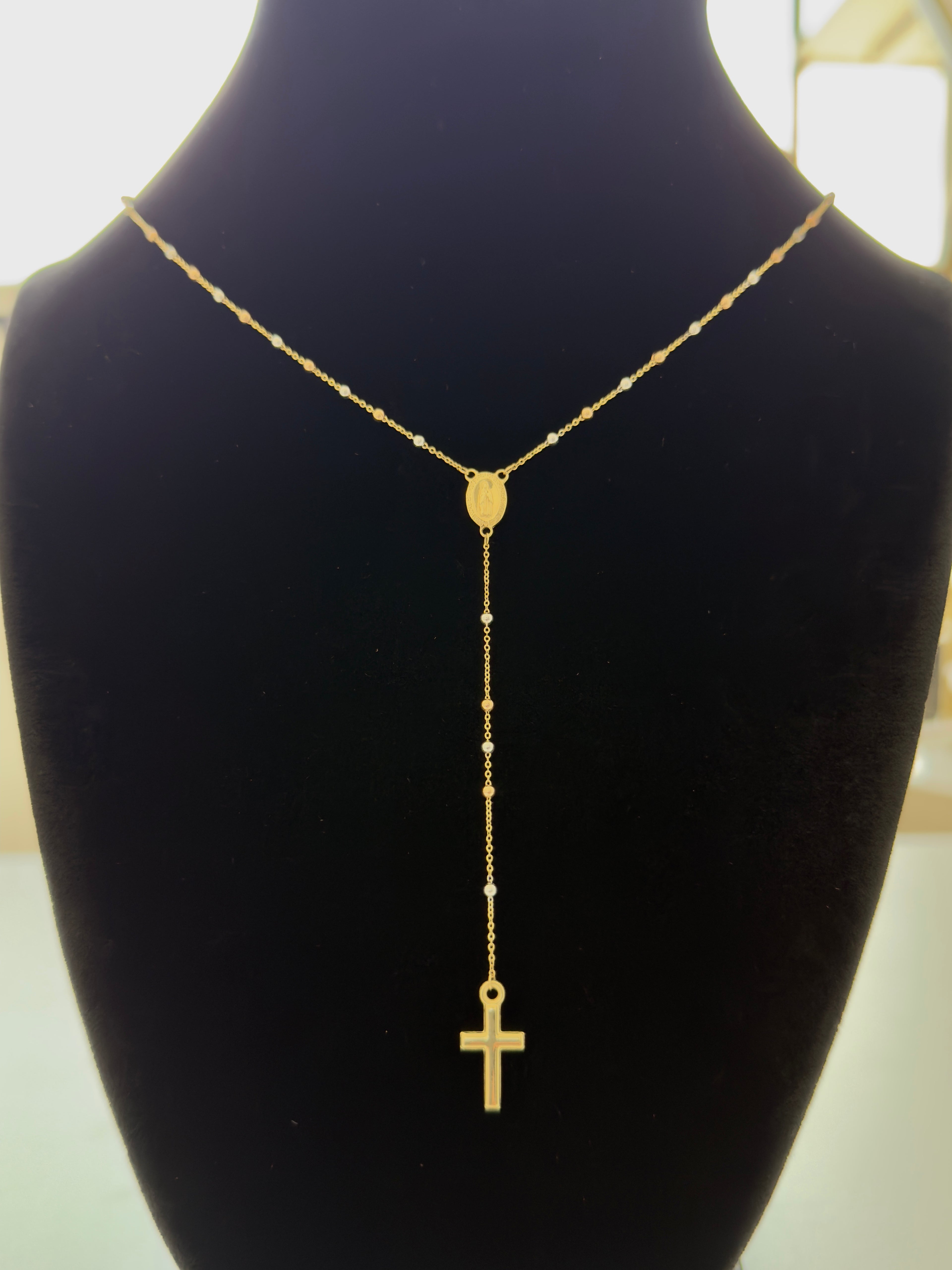 18K Gold Three - Tone Traditional Catholic Rosary Necklace - For Women