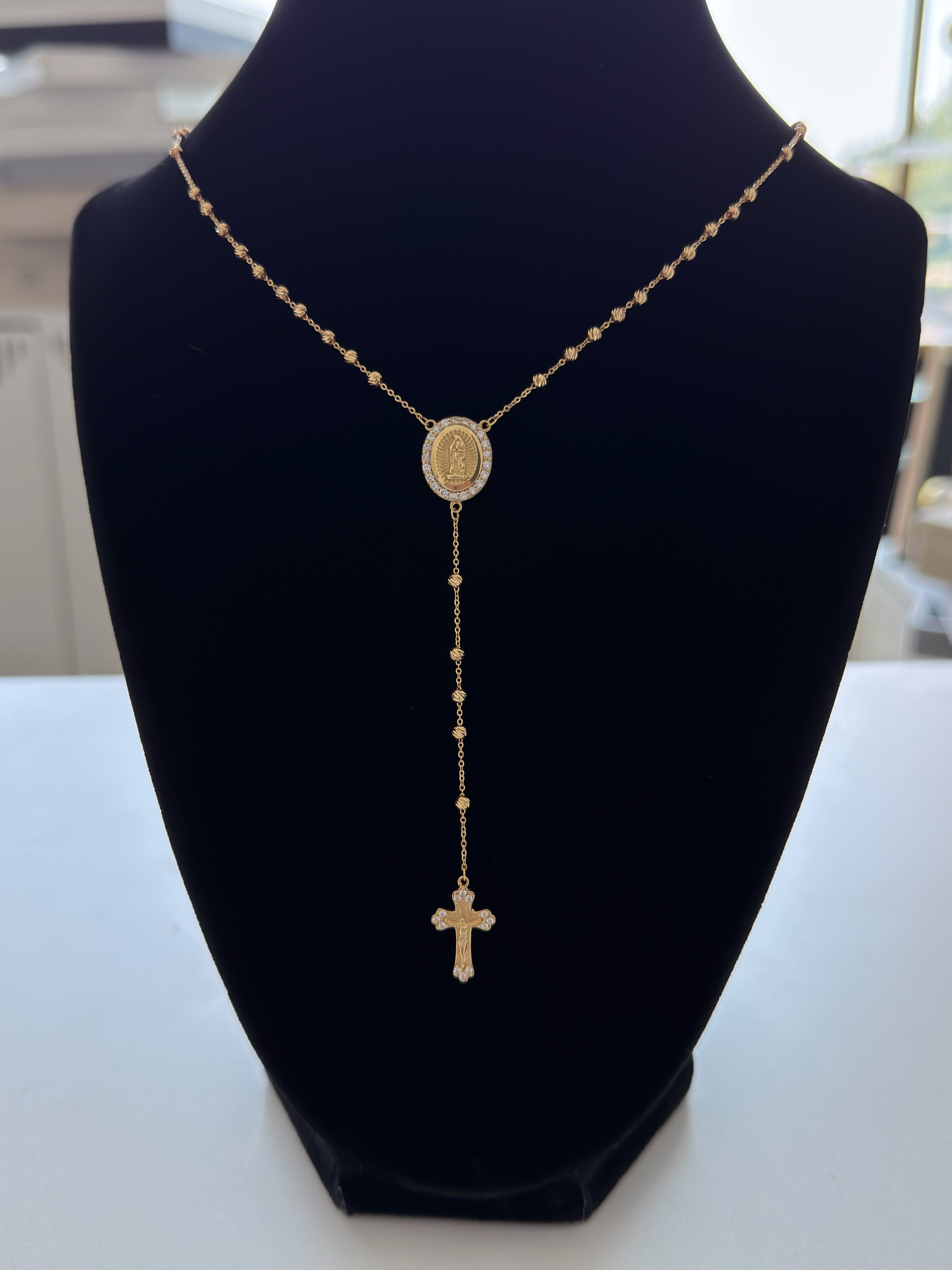 18K Gold Diamond-Cut Traditional Catholic Rosary Necklace with White Zirconia – For Women