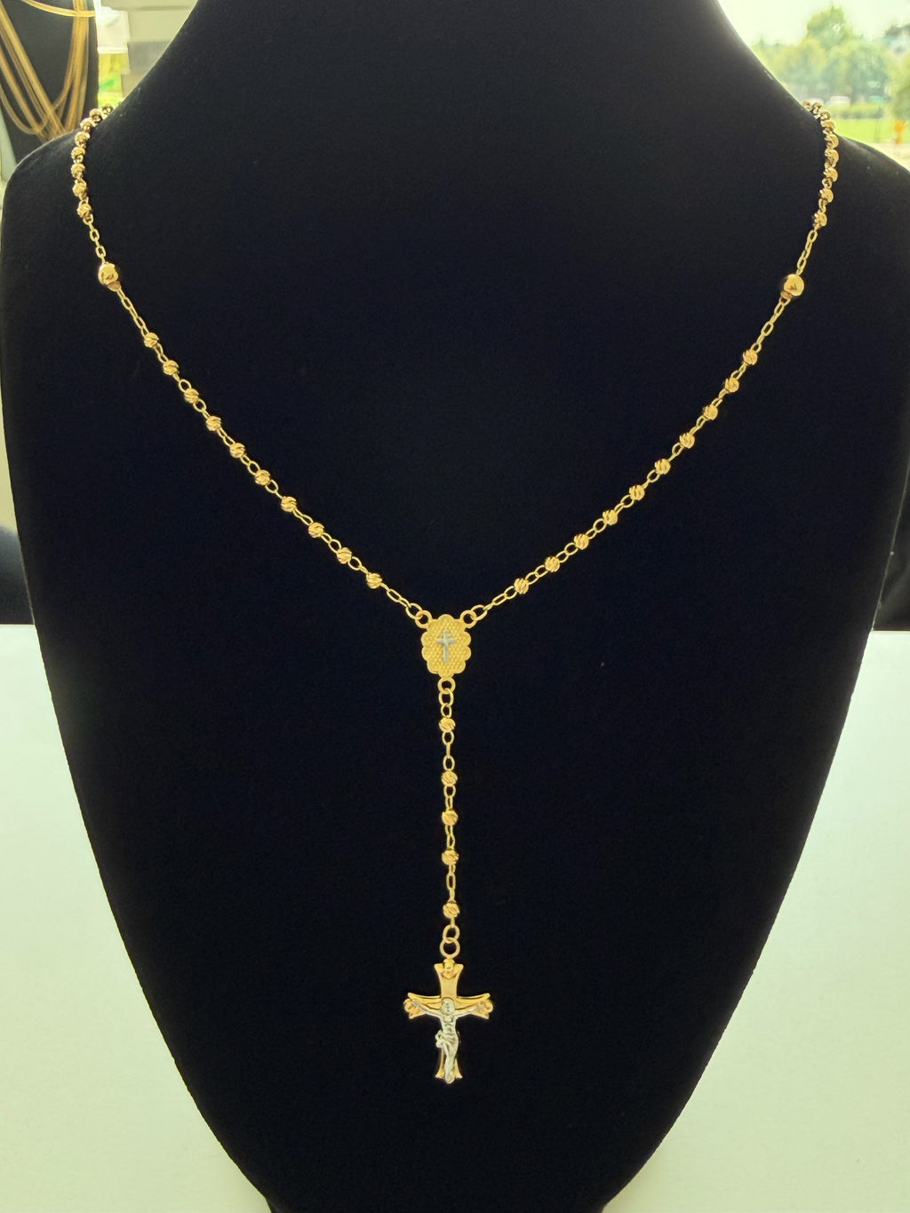 18K Gold Diamond-Cut Traditional Catholic Rosary Necklace - For Women