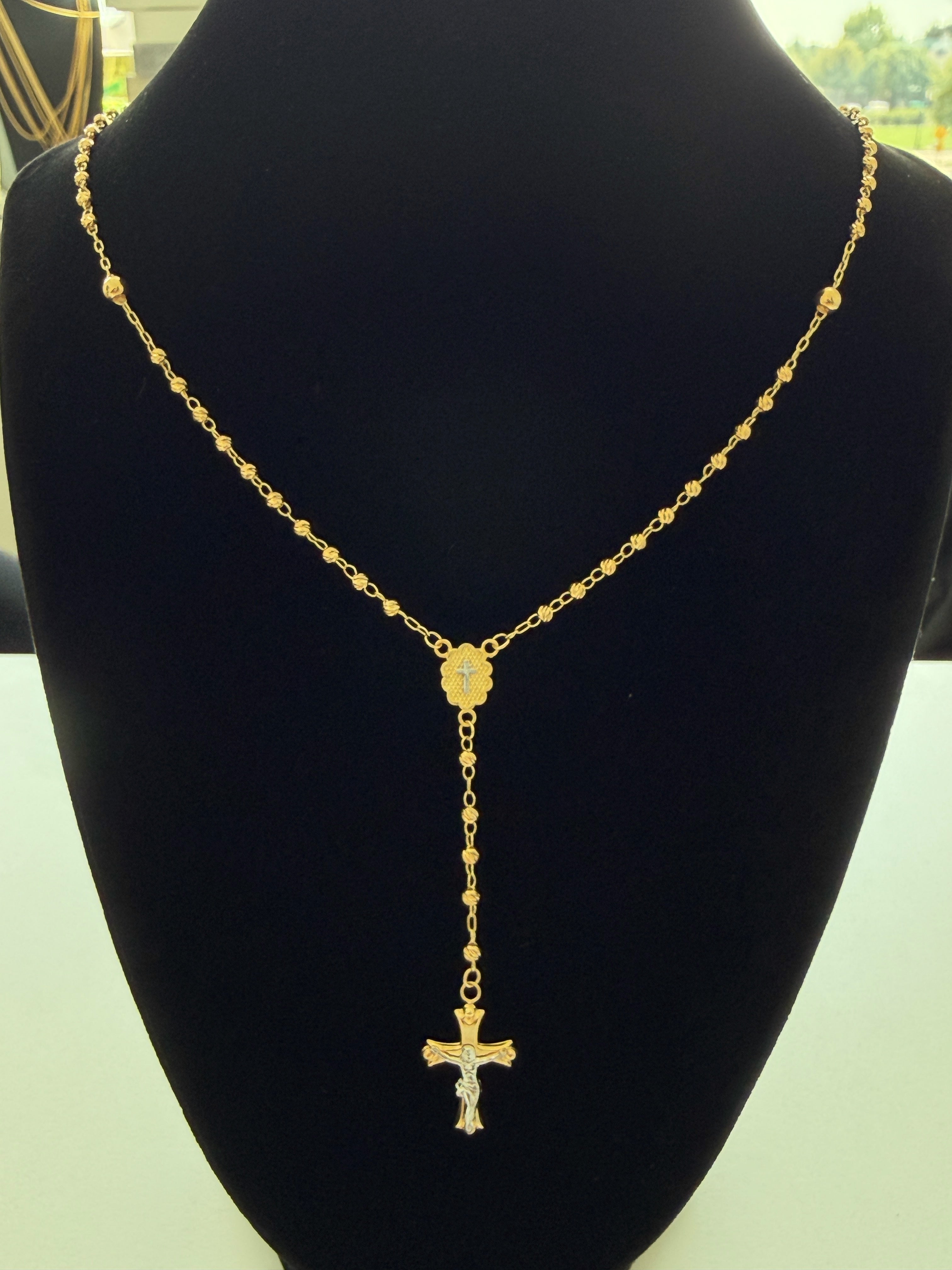 18K Gold Diamond-Cut Traditional Catholic Rosary Necklace - For Women