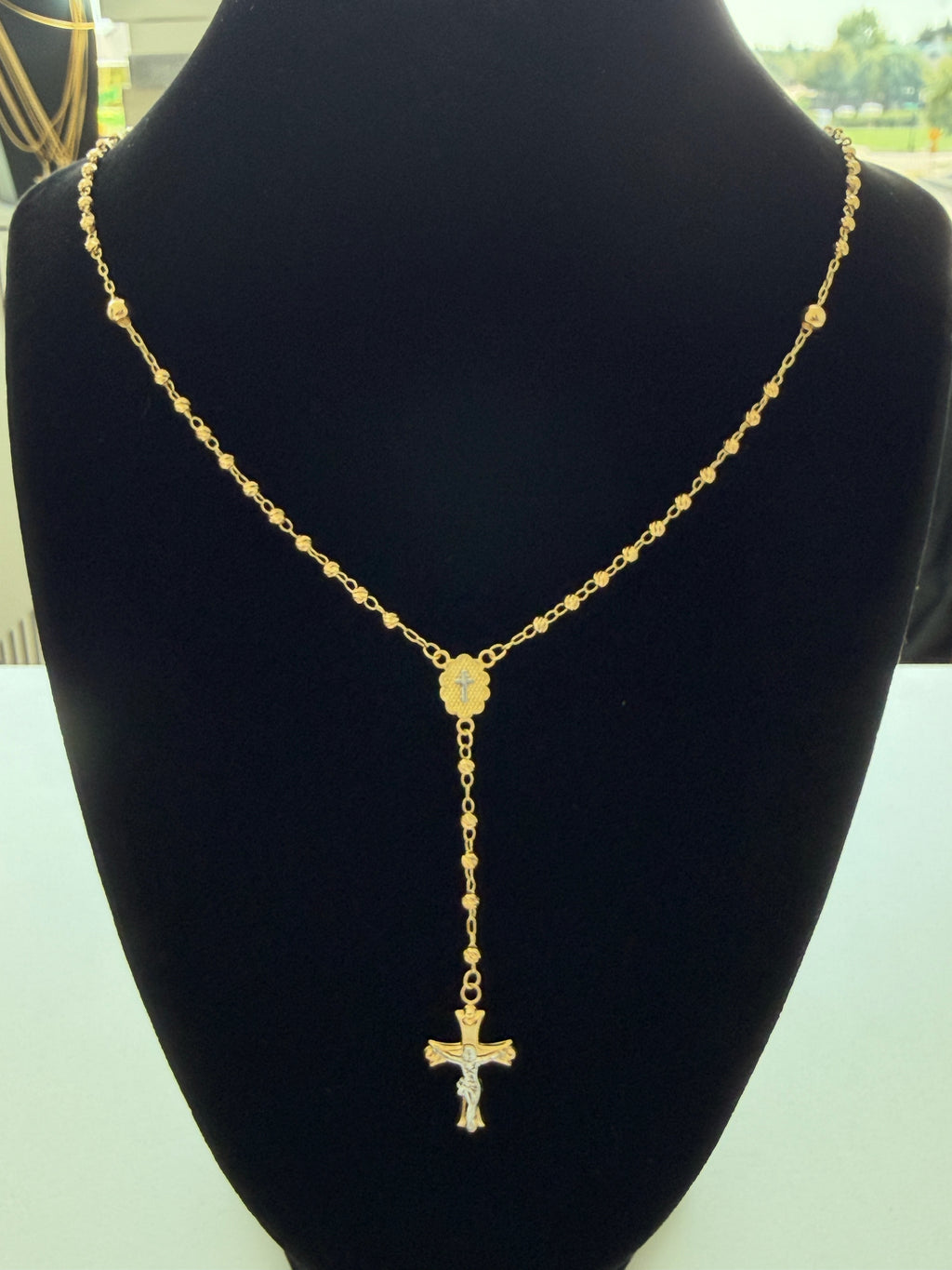 18K Gold Diamond-Cut Traditional Catholic Rosary Necklace - For Women