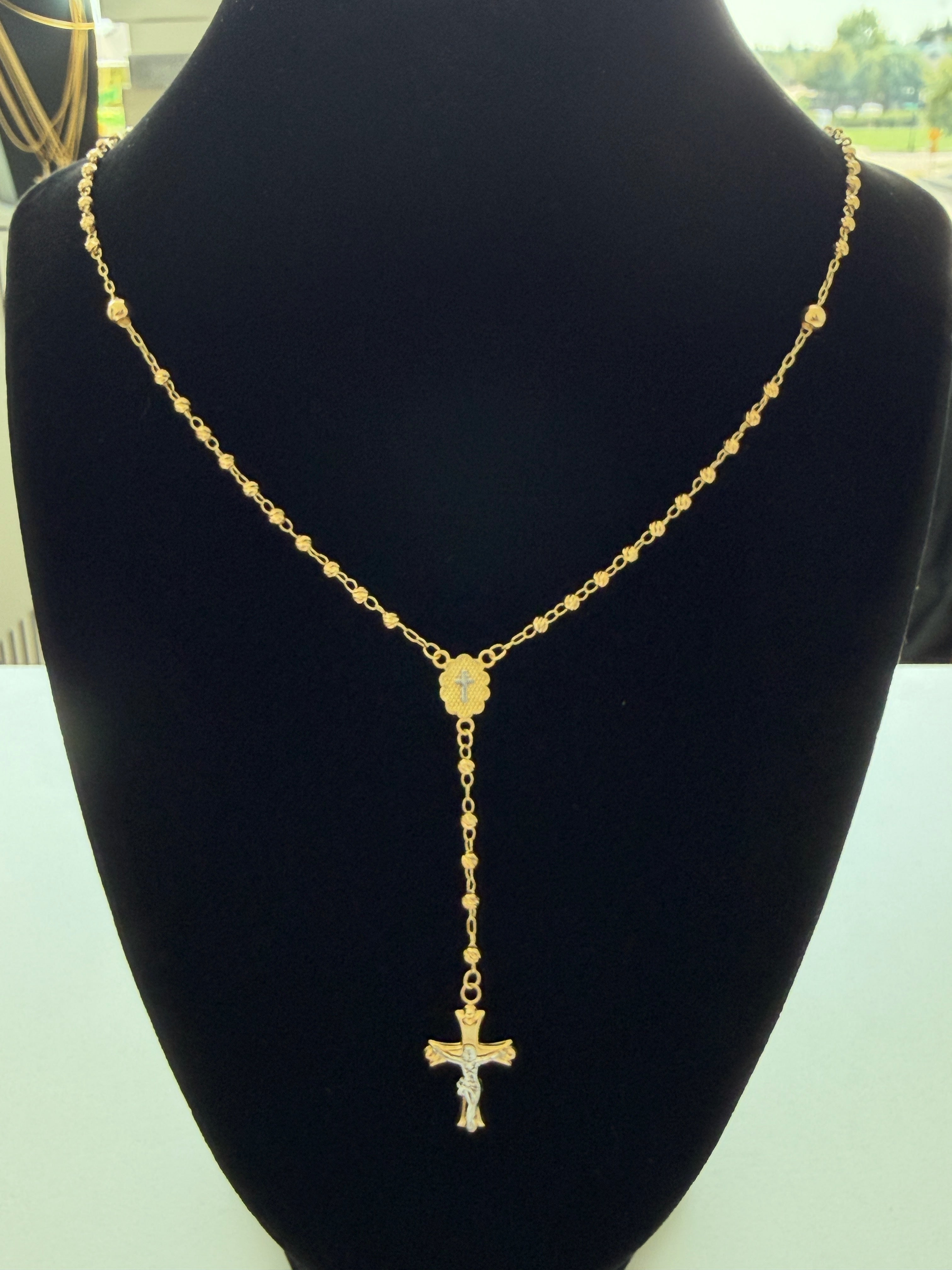 18K Gold Diamond-Cut Traditional Catholic Rosary Necklace - For Women