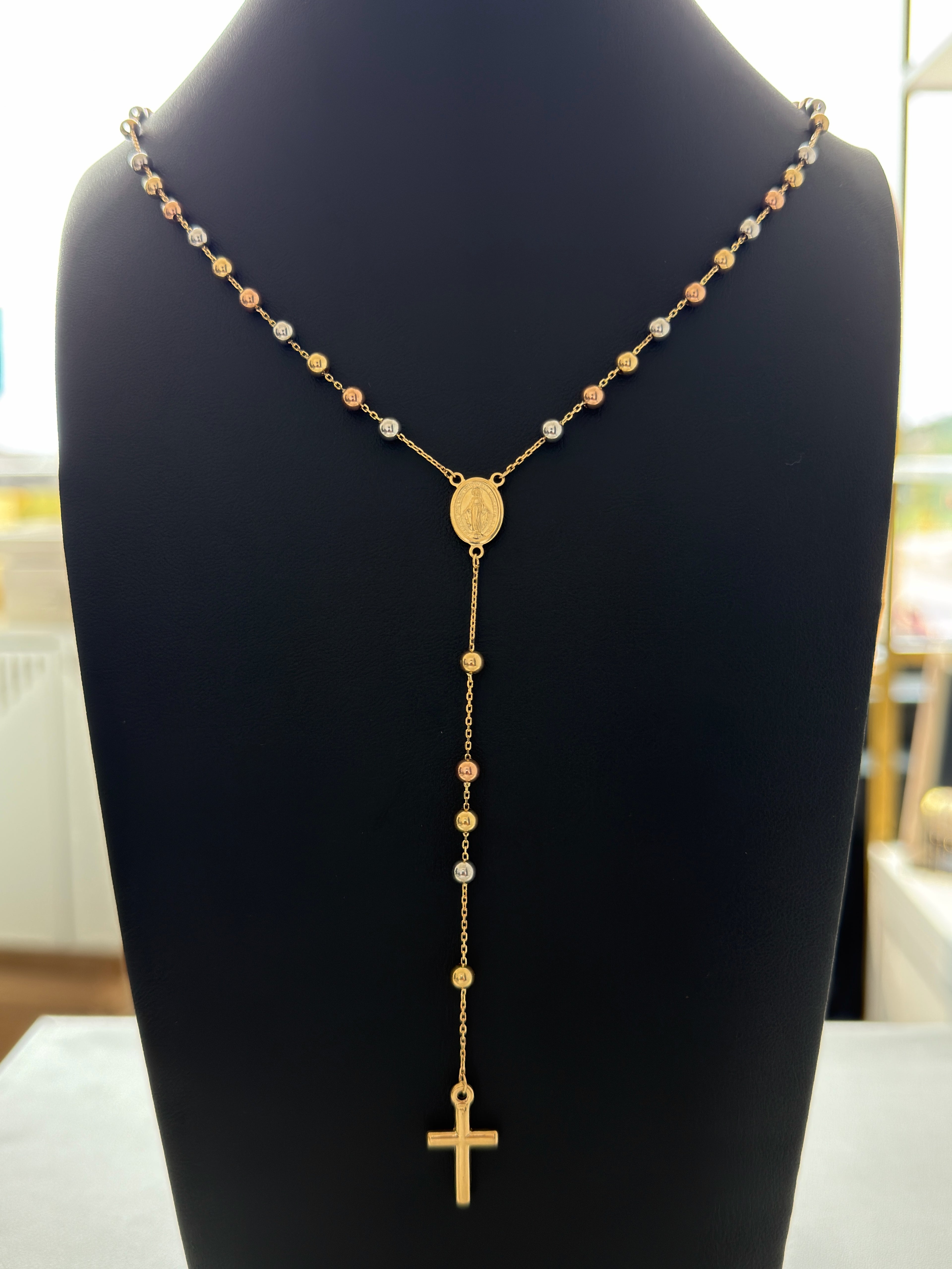 18K Gold Three - Tone Traditional Catholic Rosary Chain For Men
