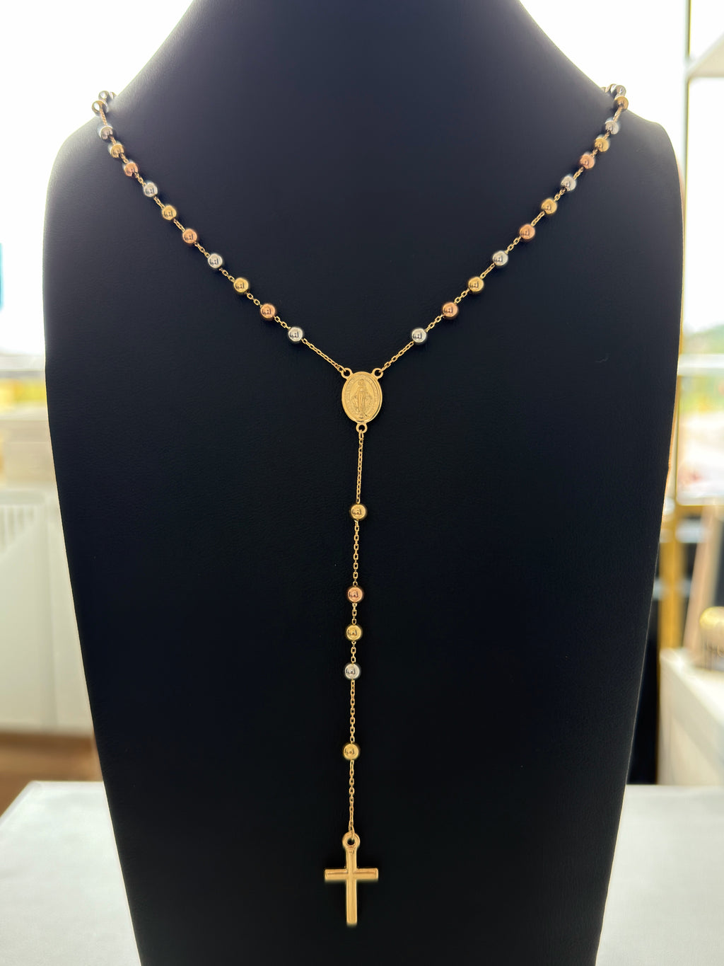 18K Gold Three - Tone Traditional Catholic Rosary Chain For Men