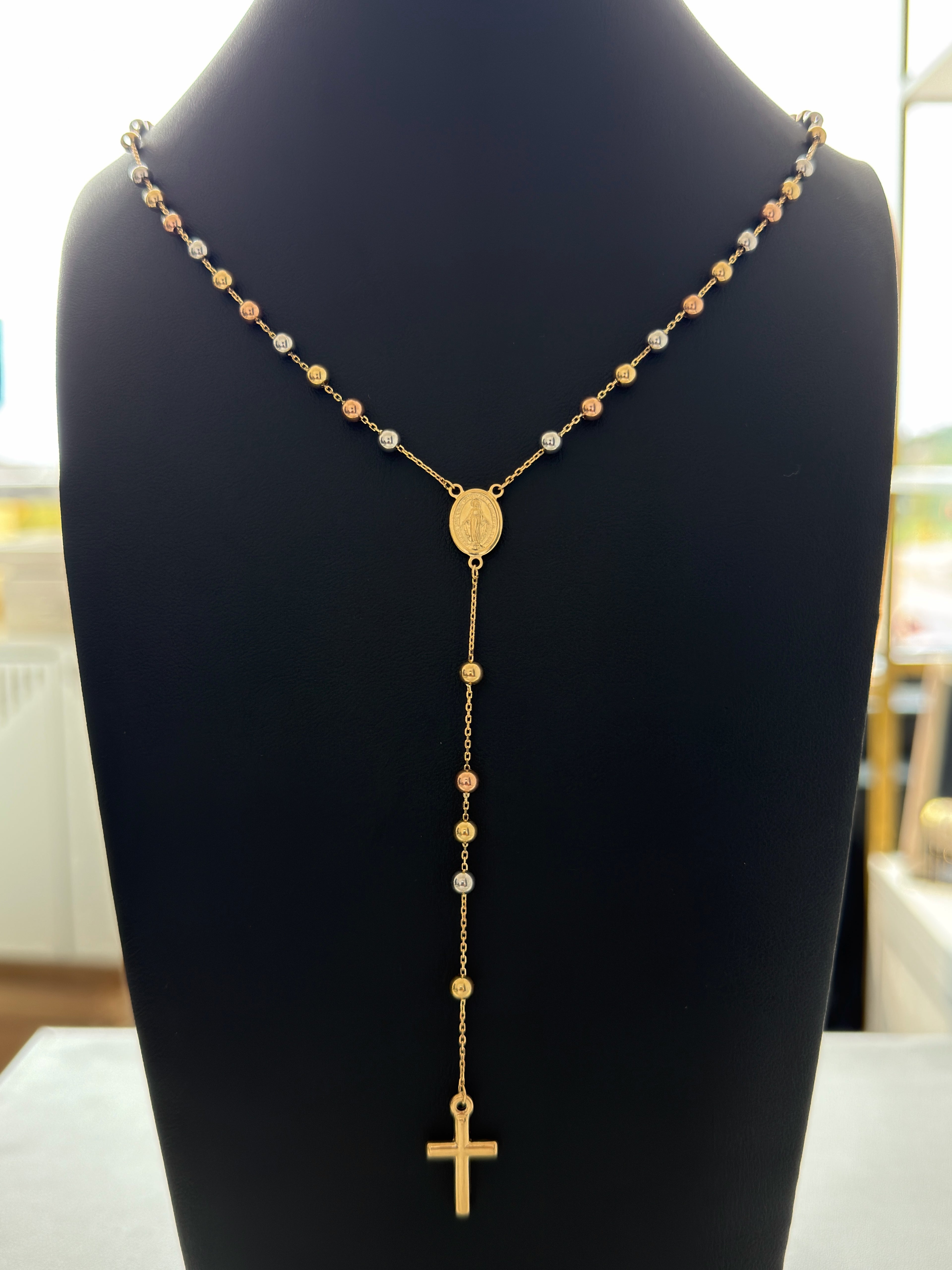 18K Gold Three - Tone Traditional Catholic Rosary Chain For Men