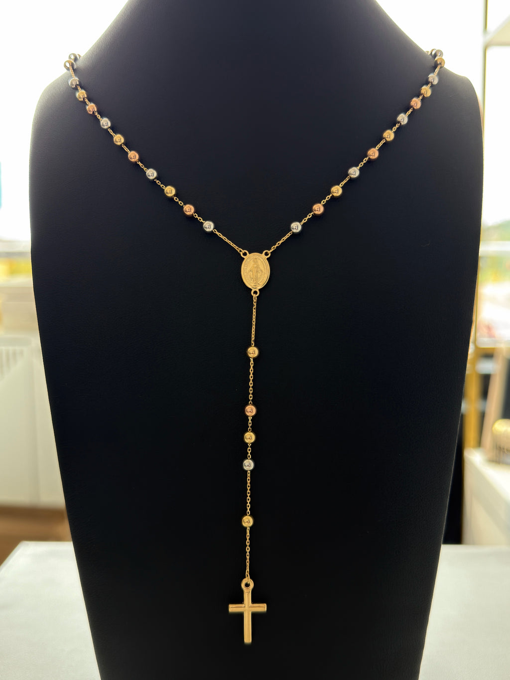 18K Gold Three - Tone Traditional Catholic Rosary Chain For Men