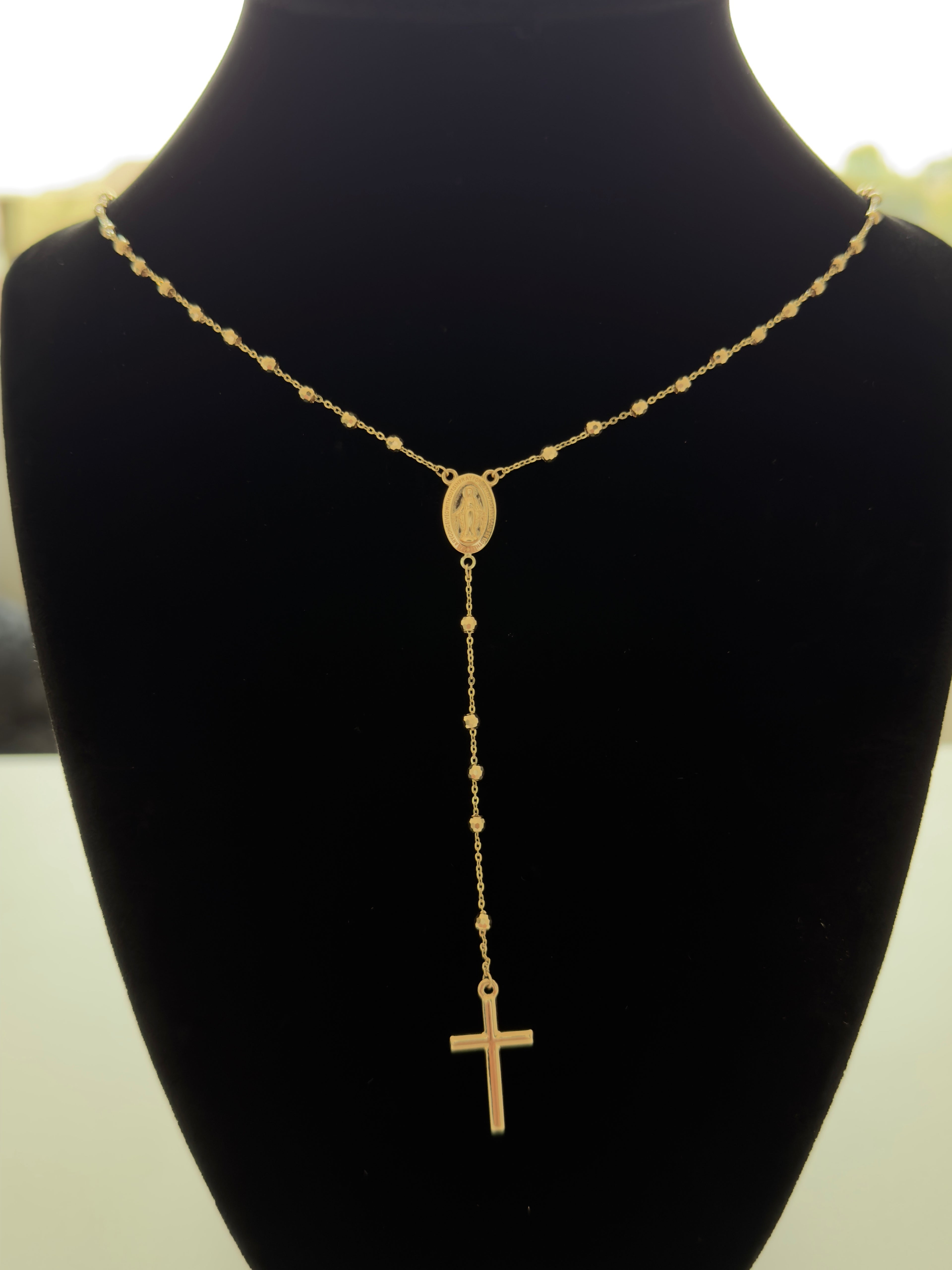18K Gold Disco Ball Finish Traditional Catholic Rosary Necklace - For Women