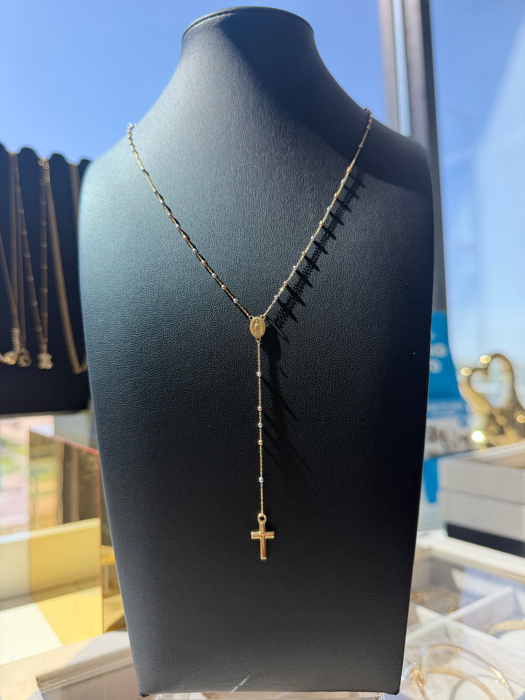 18K Gold Three - Tone Traditional Catholic Rosary Necklace - For Women