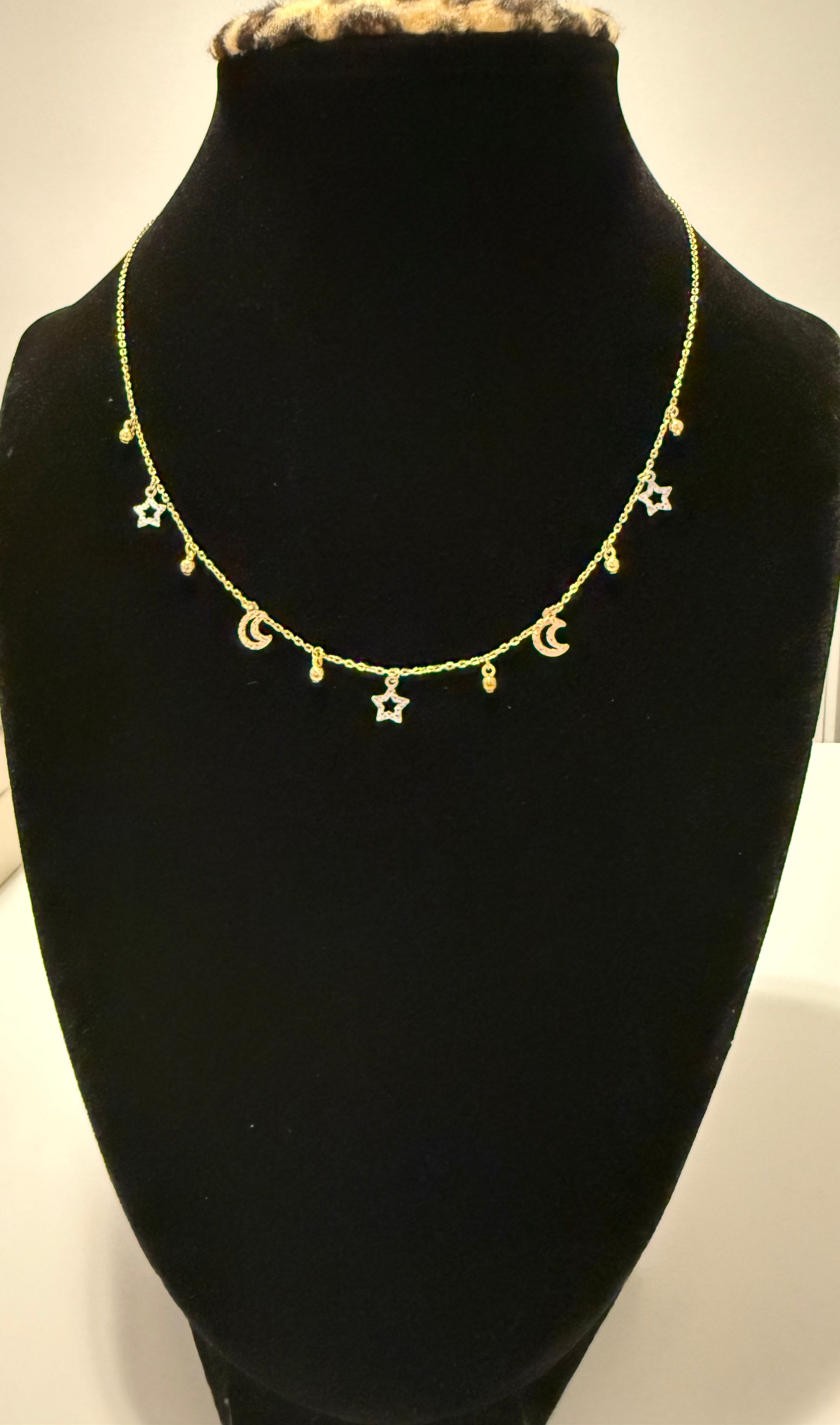 18K Gold Three - Tone Women’s Necklace with Moon & Stars Pendants – 2.32 g