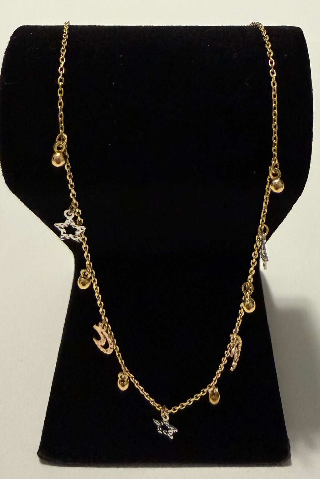 18K Gold Three - Tone Women’s Necklace with Moon & Stars Pendants – 2.32 g